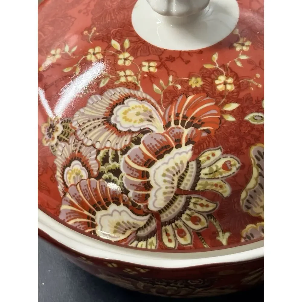 222 Fifth Gabrielle Red Paisley Covered Vegetable Serving Bowl w Lid